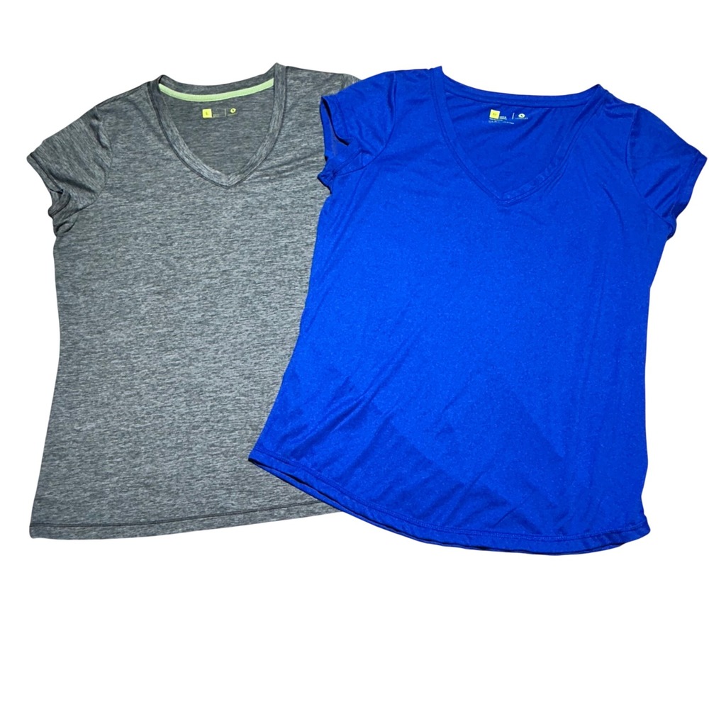 Xersion Womens V-Neck Activewear T-Shirt Bundle Gray Blue 2 Pack Lot